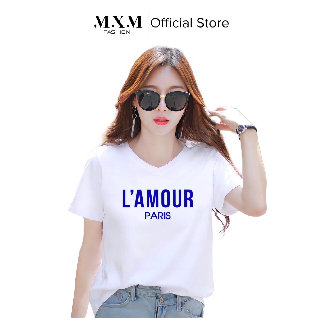 Áo thun nữ form rộng cổ tim MXM in chữ L'Amour cotton 4 chiều mã ANU060