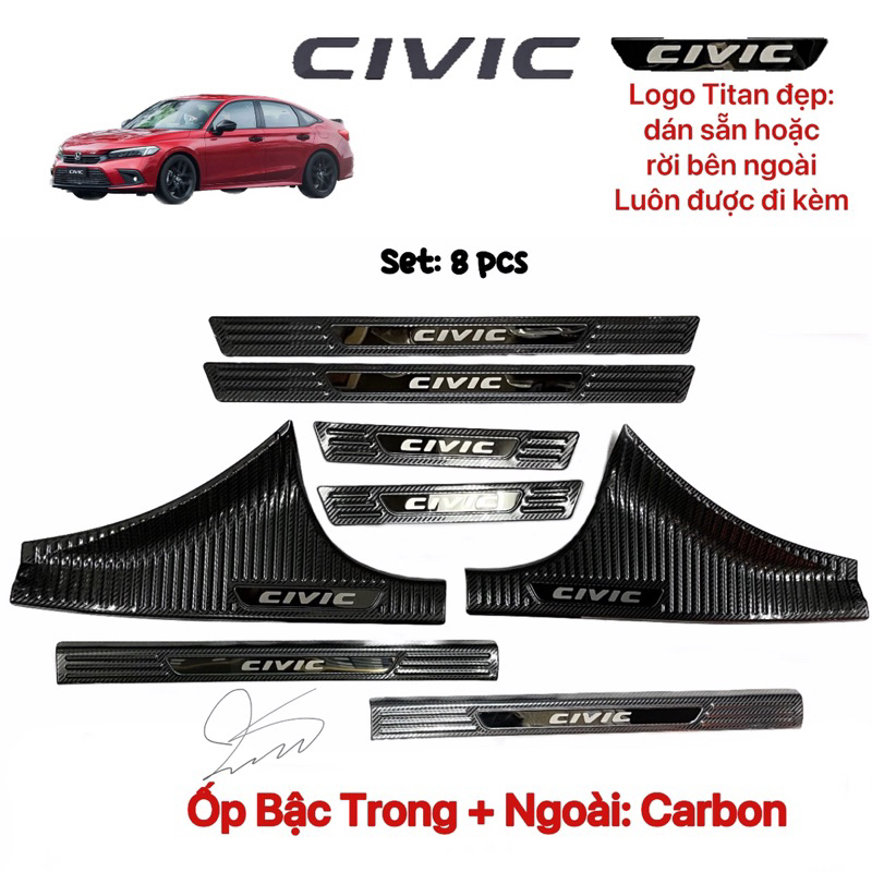 Nẹp bước chân Chống trầy Cốp xe Honda Civic 2022-2023 Carbon (Đủ logo đẹp kèm) Phụ kiện trang trí 2024 Gen 11