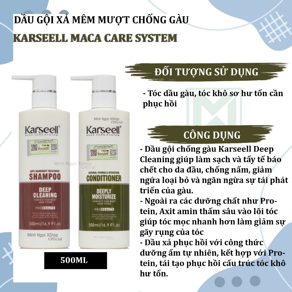 Dầu gội xả phục hồi, chống gàu, chống rụng Karseell Maca 500ml