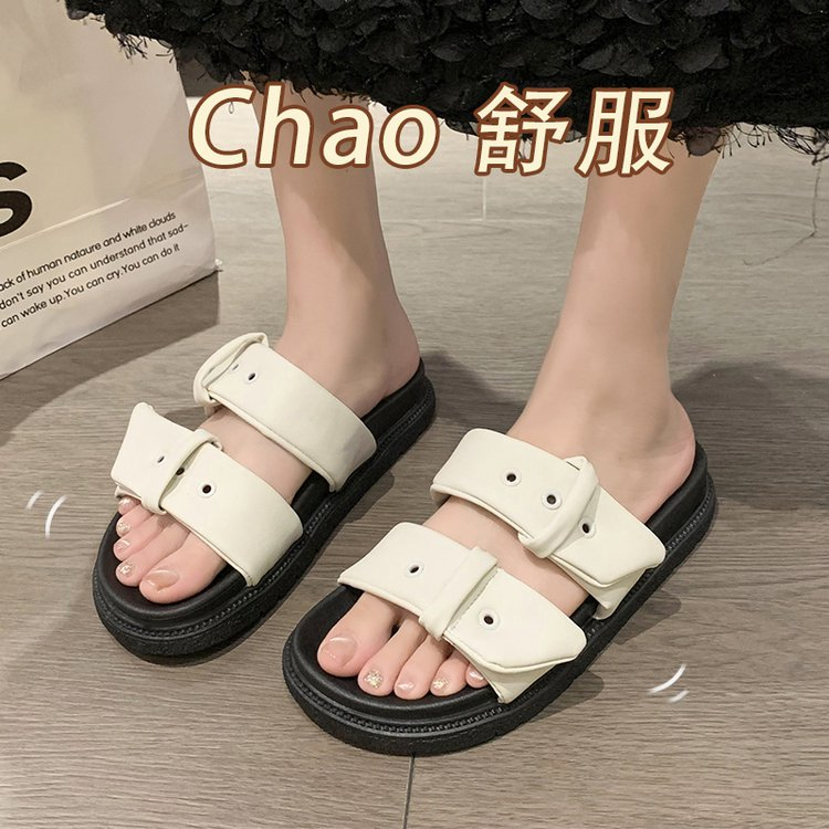 【Vận chuyển từ Việt Nam】JINxCHOY SHOES Xăng đan Đế Dày Mềm Mại Thoải Mái Mũi Tròn Phong Cách Retro Thời Trang Đi Biển Cho Nữ Loại giày dép bông song song mới có màu sắc đơn giản thoải mái