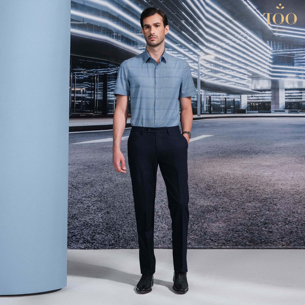 Áo sơ mi nam công sở ngắn tay TQQ K379CB vạt bằng xẻ tà có túi ngực chất liệu mềm mượt, thoáng khí