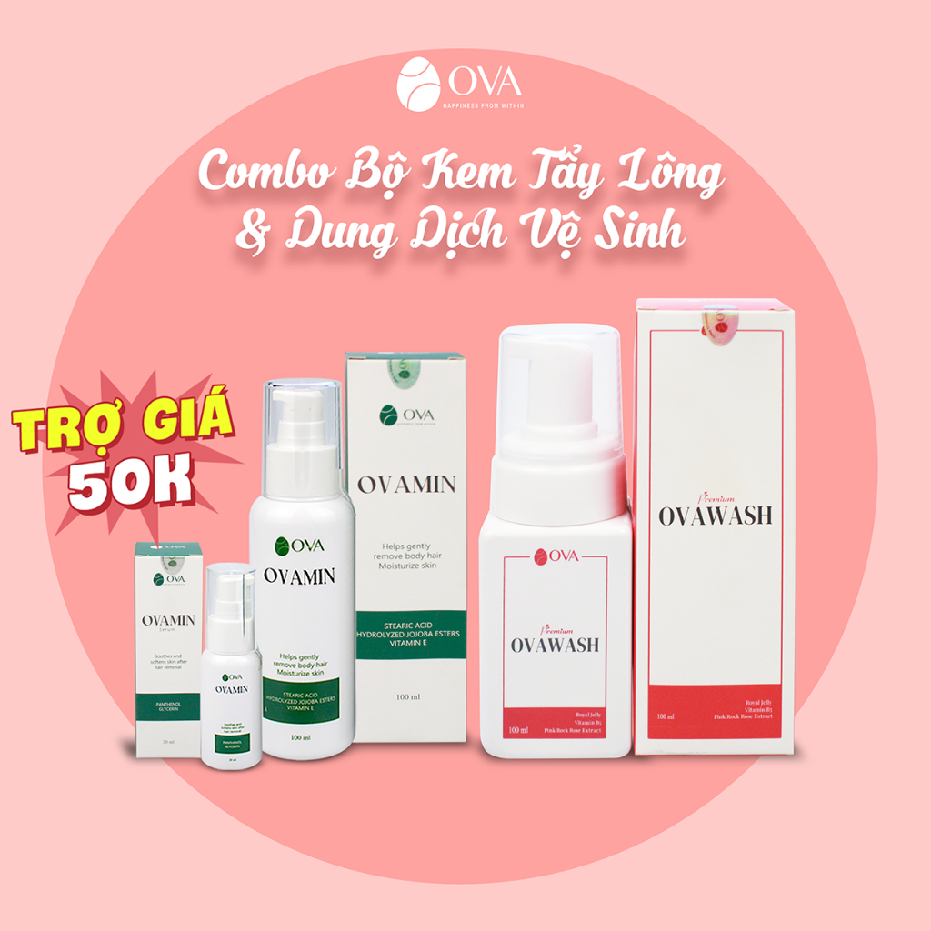 Combo Kem tẩy lông vùng kín OvaMin 100ml và Dung dịch vệ sinh phụ nữ tạo bọt Ovawash 60ml