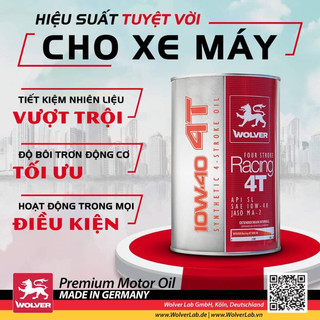 Nhớt Wolver Racing 4T 10W40 công nghệ tổng hợp dành cho xe số xe côn tay nhập khẩu Đức, API SL,Jaso MA2