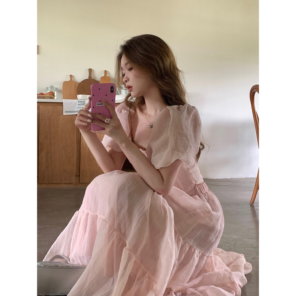 Set voan hồng gồm áo tay bồng và chân váy xòe nhẹ nhàng ngọt ngào Inin Shop