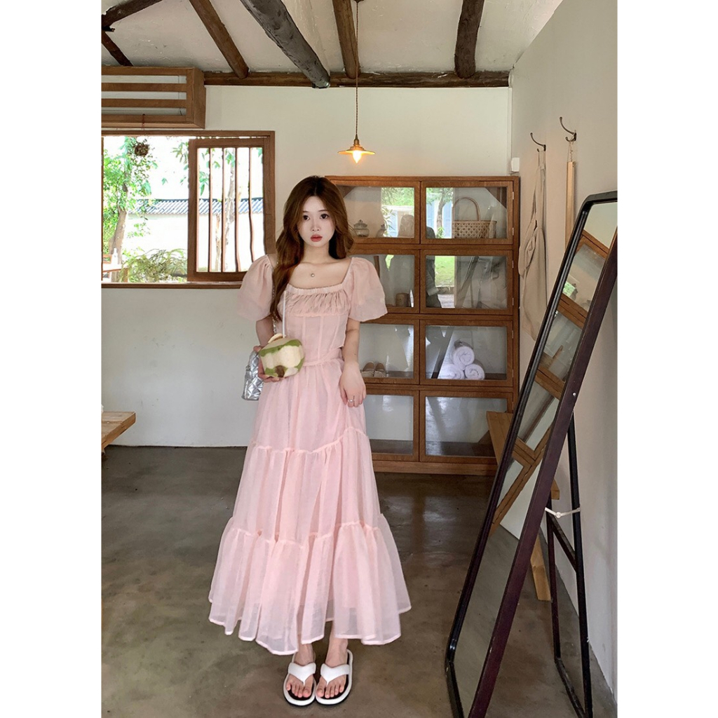 Set voan hồng gồm áo tay bồng và chân váy xòe nhẹ nhàng ngọt ngào Inin Shop