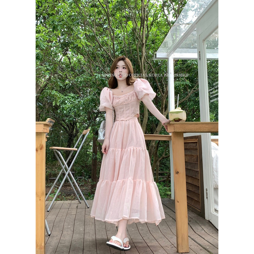 Set voan hồng gồm áo tay bồng và chân váy xòe nhẹ nhàng ngọt ngào Inin Shop