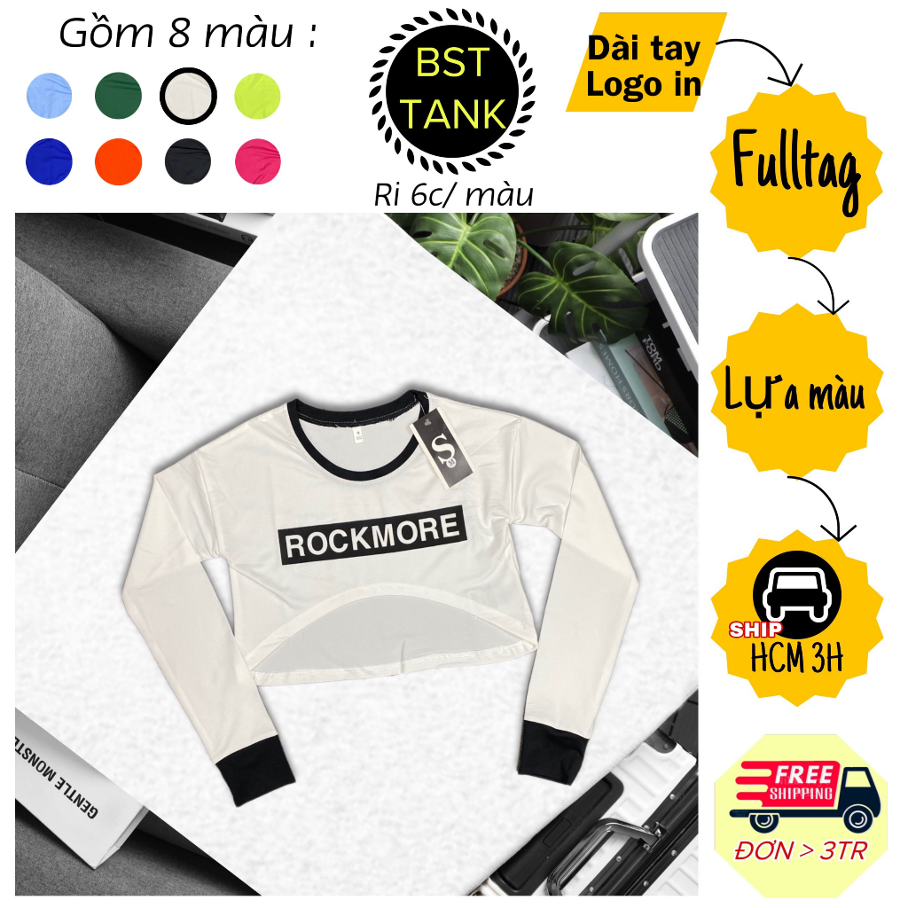 Áo Croptop Nữ dài tay Nữ RIVIO in hình Rockmore ôm Body vải Cotton co giãn thoáng mát thấm hút mồ hôi