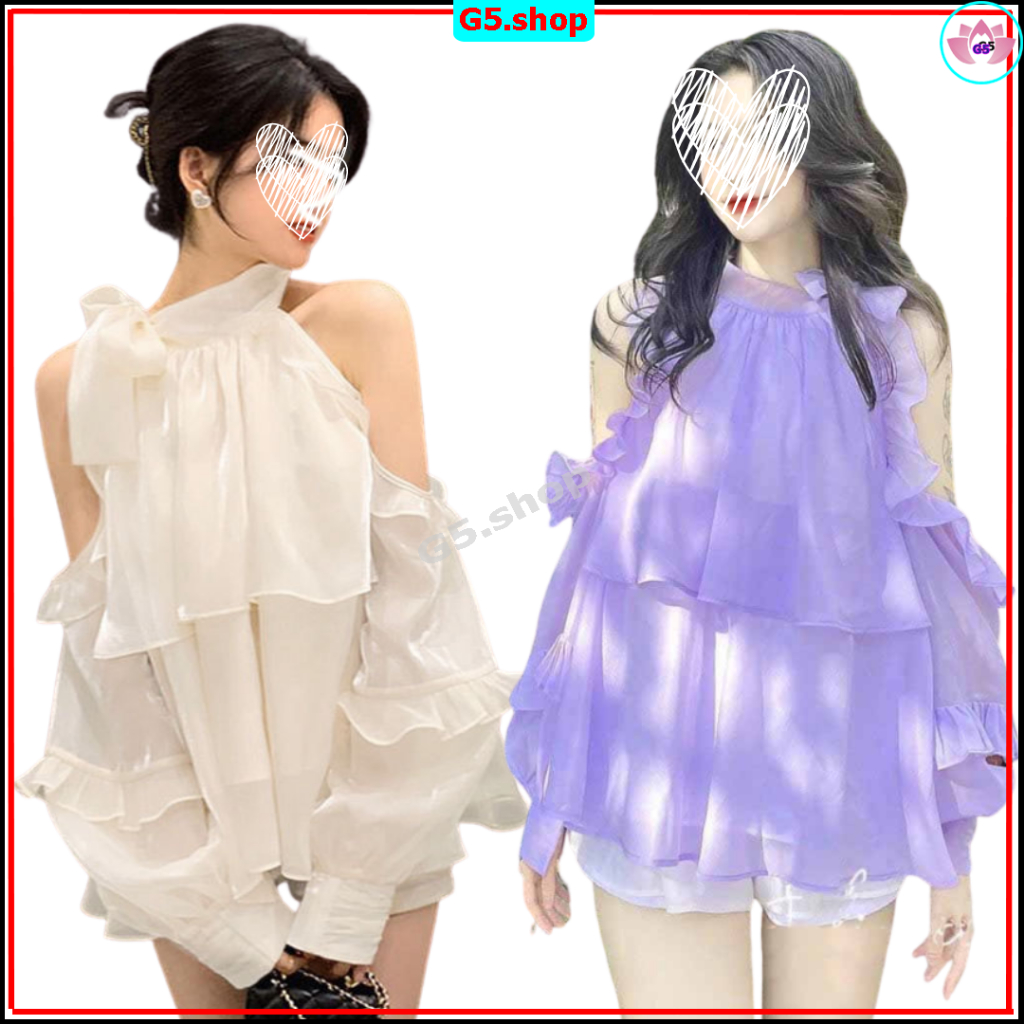 Áo Polo Sơ Mi Cách Điệu Xẻ Dưới Hai Màu Siêu Cá Tính Vải Tơ Ánh Cổ Nơ Baby Doll 2 Tần Bèo