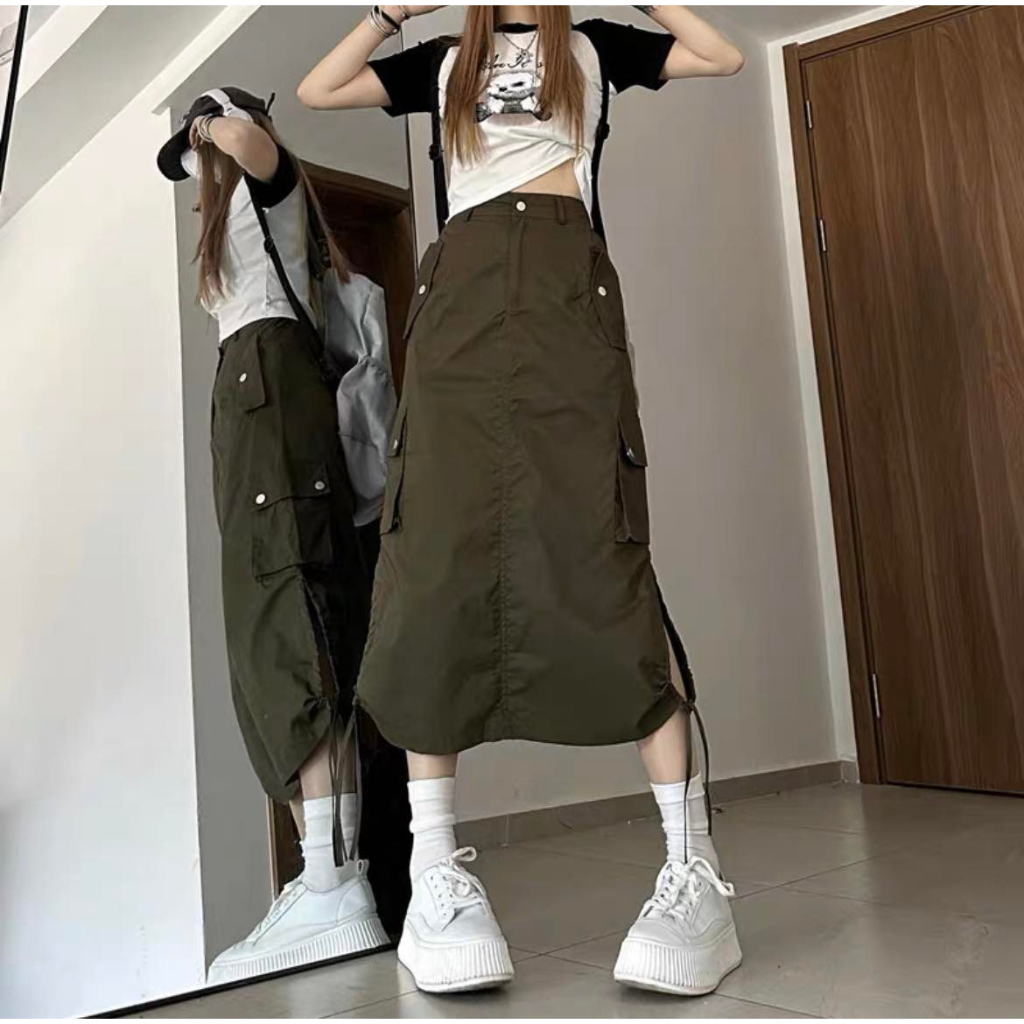 Chân váy dài kaki lưng cao dây rút phong cách Unisex