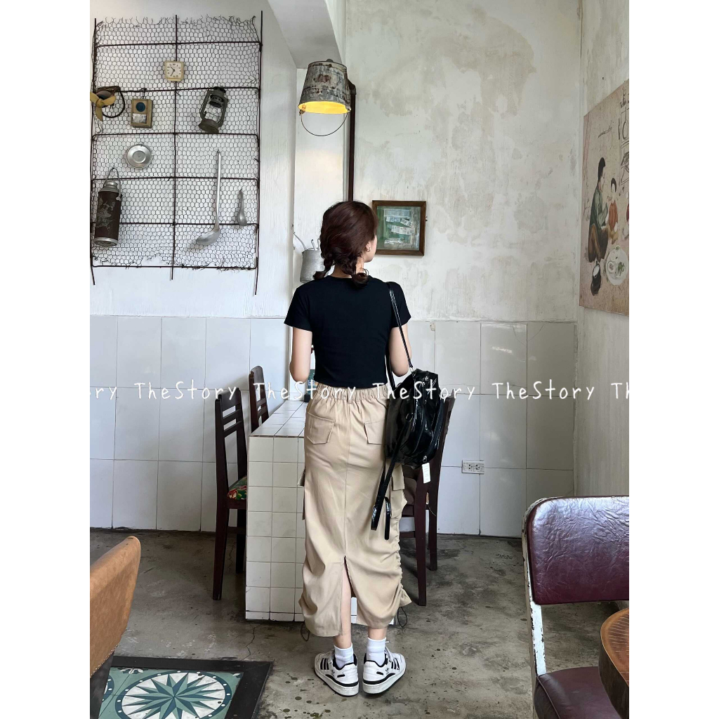 Set gồm áo thun trơn và chân váy túi hộp dài  S661
