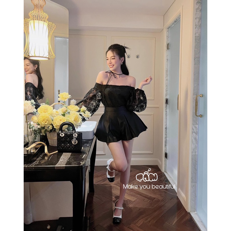 Set áo ren trễ vai tay bồng phối quần short đùi ống rộng xòe thời trang thiết kế cao cấp đi dự tiệc cưới sự kiện dạ hội