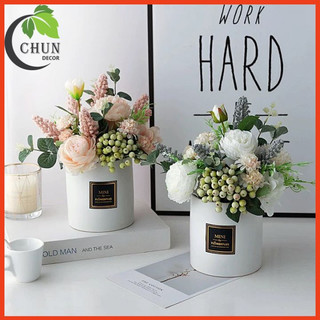 Lọ hoa hồng trà cẩm tú cầu lụa mix quả điểm cherry để bàn trang trí bàn làm việc, bàn học, kệ tủ, decor quán cà phê xinh