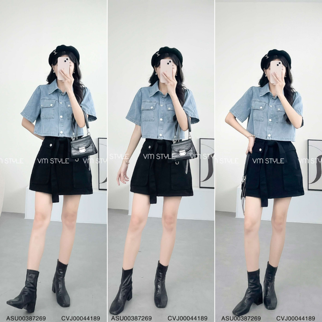Áo sơ mi jean denim nữ VMSTYLE form croptop tay ngắn cổ bẻ 2 túi hộp bên 2188 - ASU00387