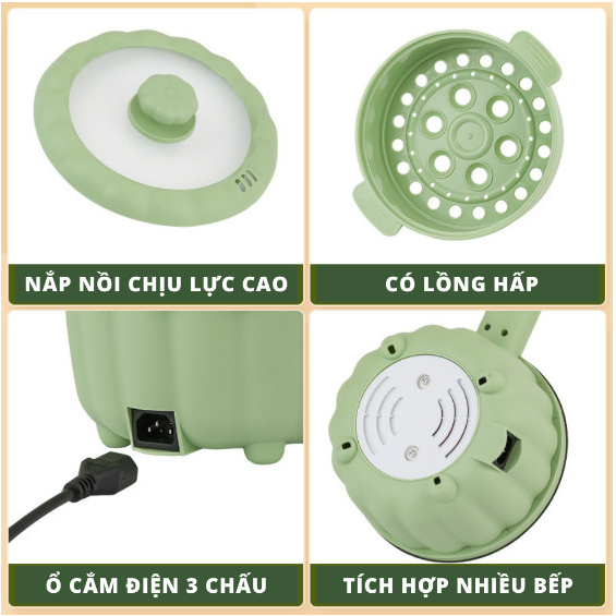 Nồi lẩu điện mini tặng kèm giá hấp, nồi dung tích 2 lít có lõi tráng nhiều lớp chống dính, tặng thìa cùng miếng cọ rửa