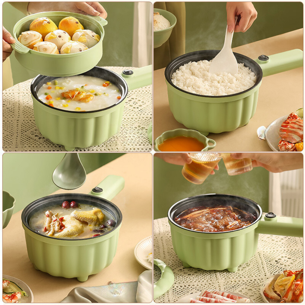 Nồi lẩu điện mini tặng kèm giá hấp, nồi dung tích 2 lít có lõi tráng nhiều lớp chống dính, tặng thìa cùng miếng cọ rửa