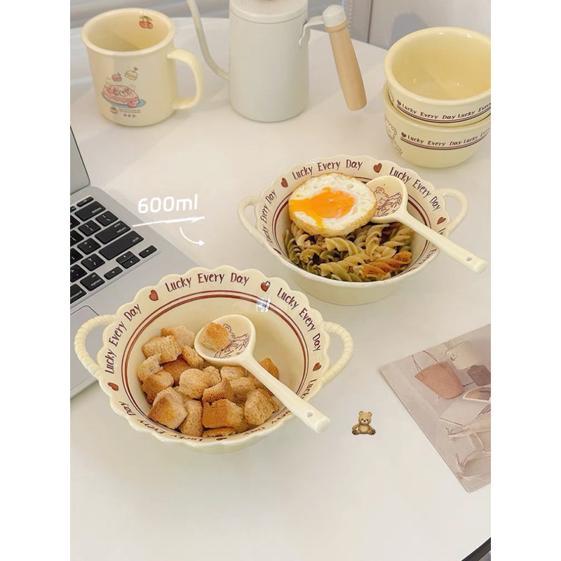 Bộ bát thìa sứ hai quai viền sóng phong cách hàn quốc đáng yêu