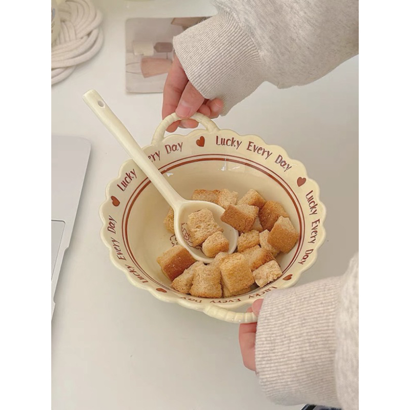 Bộ bát thìa sứ hai quai viền sóng phong cách hàn quốc đáng yêu
