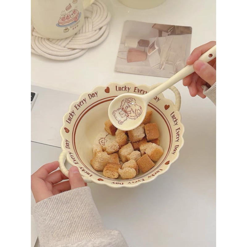Bộ bát thìa sứ hai quai viền sóng phong cách hàn quốc đáng yêu