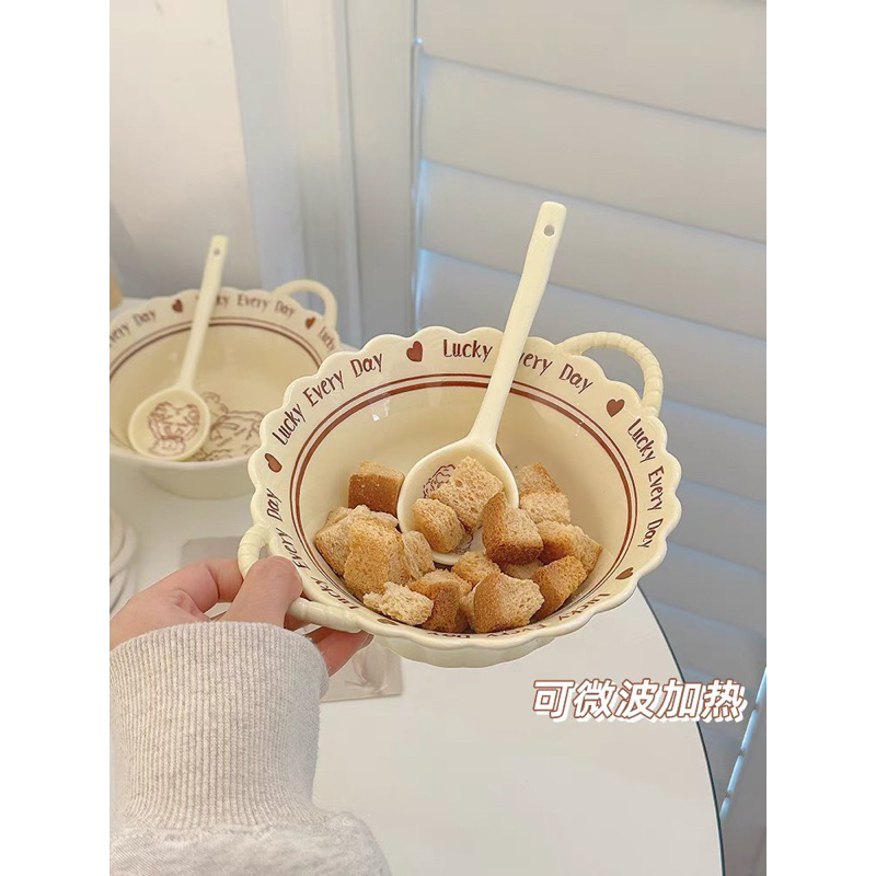 Bộ bát thìa sứ hai quai viền sóng phong cách hàn quốc đáng yêu