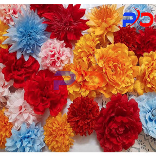 Đầu bông hoa mẫu đơn, thược dược, cúc pháp, hoa lụa giả làm oản, trang trí vòng hoa, mẹt hoa trang trí tết