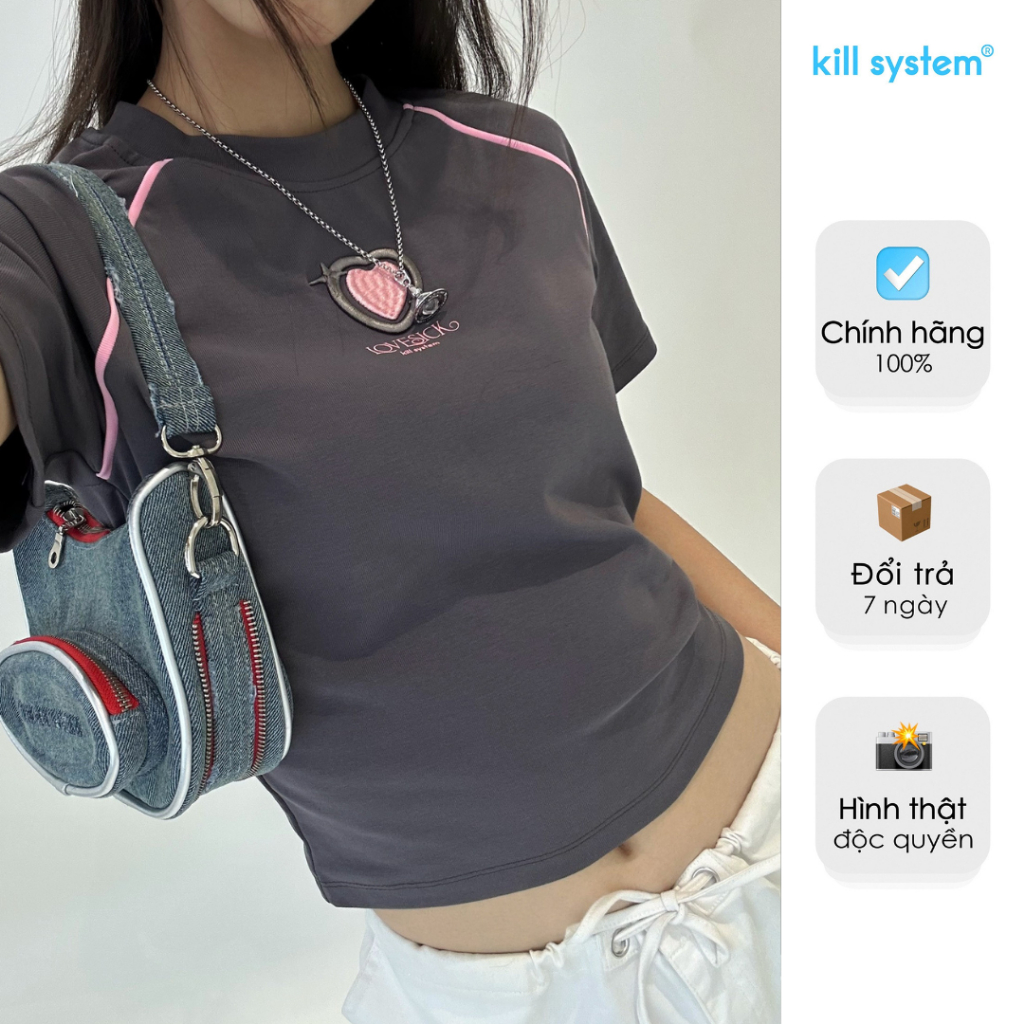 Áo thun baby tee Kill System Love Sick màu xám viền hồng chất thun co giãn