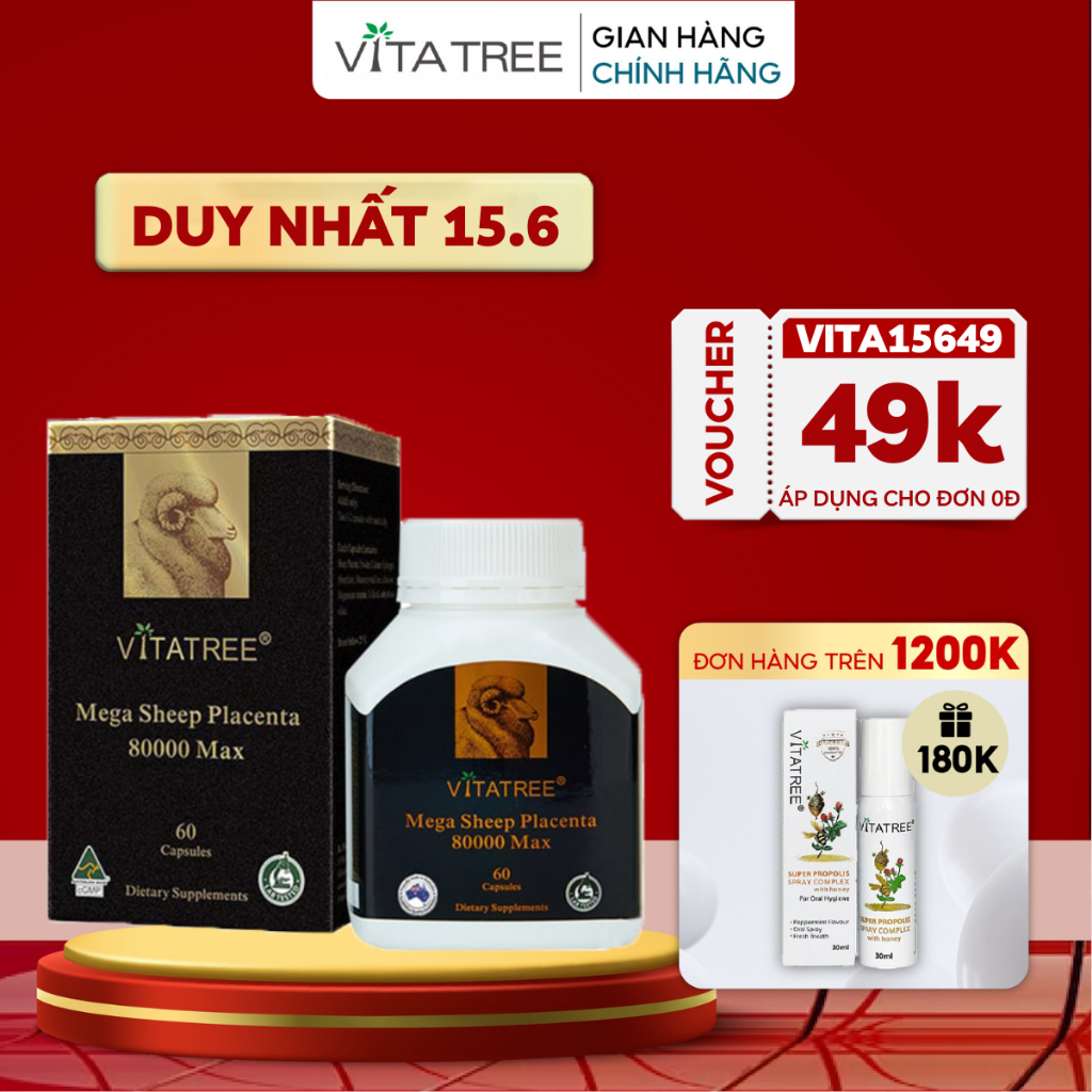 Viên uống bổ sung nhau thai cừu Vitatree Mega Placenta 80000 max chống lão hóa, trẻ hóa da 60 viên