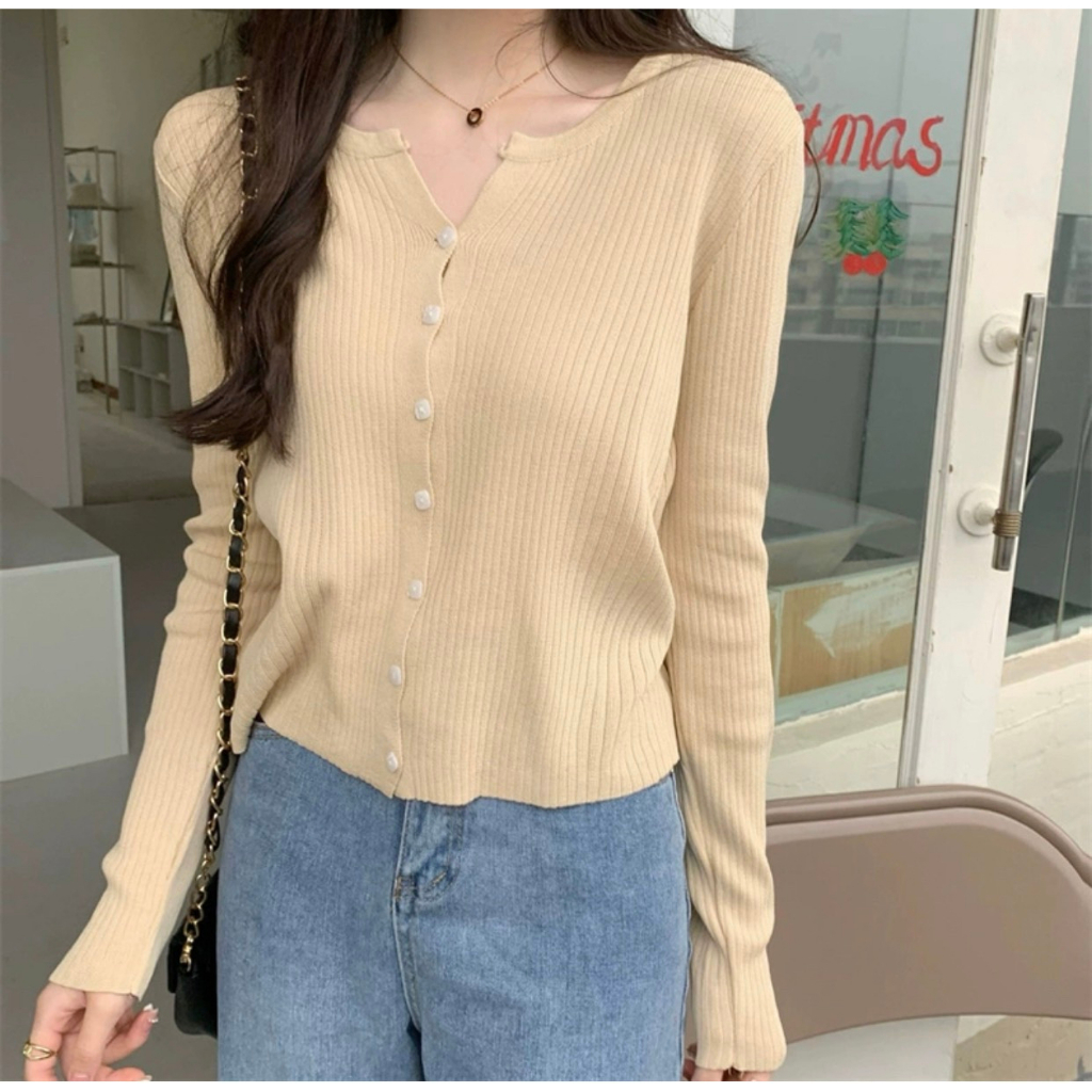 Áo cardigan khoác len nữ kiểu tay dài cổ V dệt kim len đũa xinh xắn phong Ccách Ulzzang Hàn Quốc trẻ trung