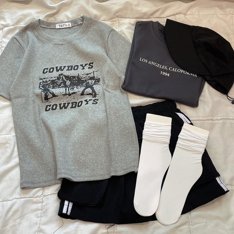 Áo Thun Tăm Gân COWBOYS Tay Ngắn Cổ Tròn Ôm Body, Thun Tăm Gân Co Giãn, Form Baby Tee - GUNN
