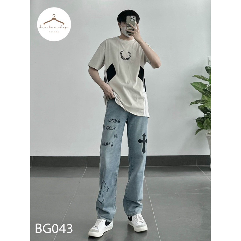 Quần bagyy jeans in chữ chữ cộng unisex cho nam và nữ kèm ảnh thật