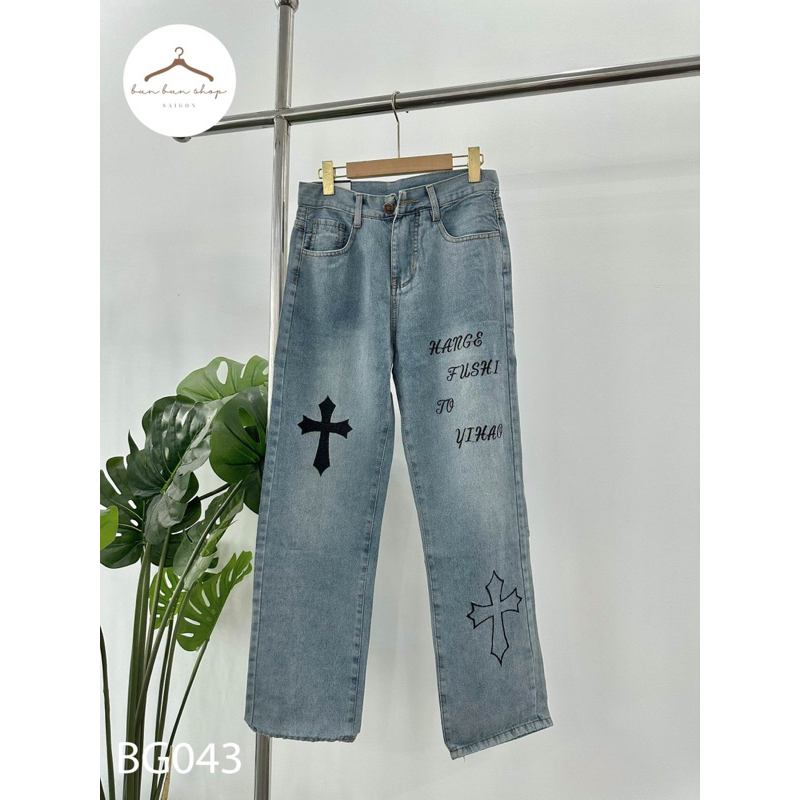 Quần bagyy jeans in chữ chữ cộng unisex cho nam và nữ kèm ảnh thật