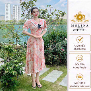 Đầm Xòe Thiết Kế Molina Cổ Lá Sen Phối Nơ Dáng Chữ A Vintage Chất Lụa Mềm Mịn