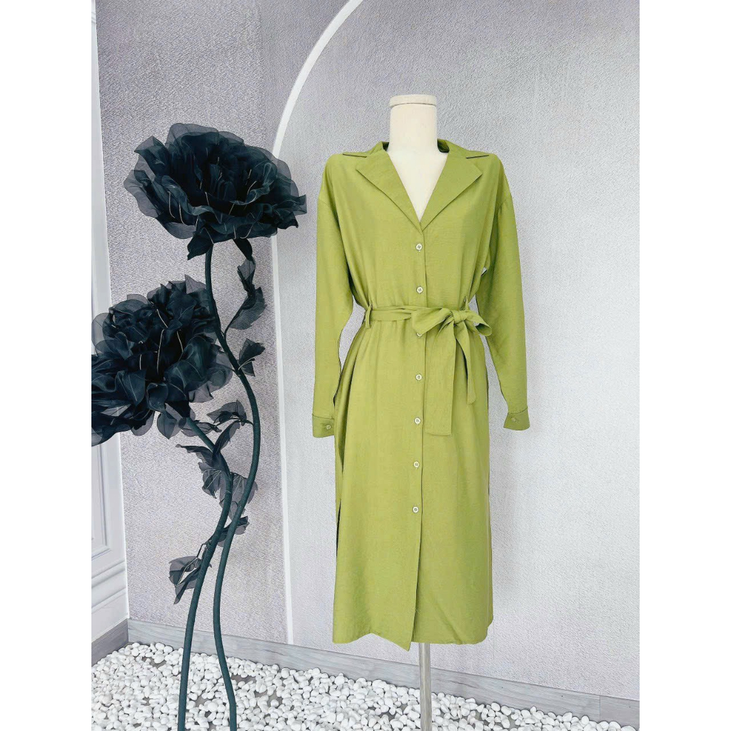 ĐẦM SƠMI CỔ VEST THẮT NƠ EO XANH BƠ