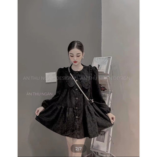Váy babydoll  tay dài from xoè cổ bèo chất nhung tăm dày dặn cao cấp