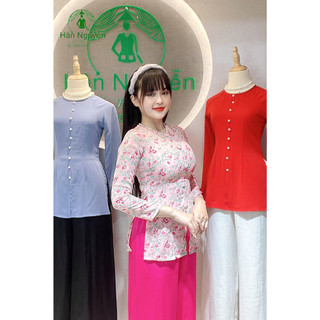Áo bà ba lụa hoa cổ đính ngọc + quần - áo bà ba hân nguyễn