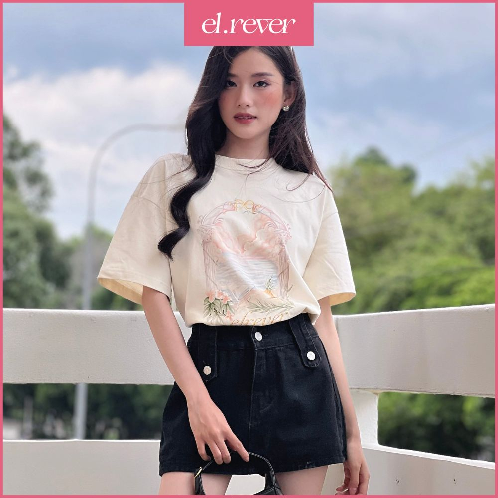ELRÊVER - Áo thun nữ 100% cotton họa tiết cổng hoa - Màu kem - 0523T02