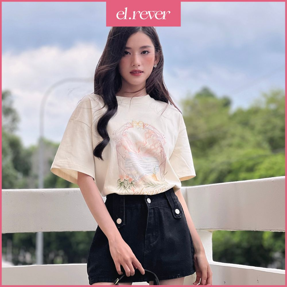 ELRÊVER - Áo thun nữ 100% cotton họa tiết cổng hoa - Màu kem - 0523T02