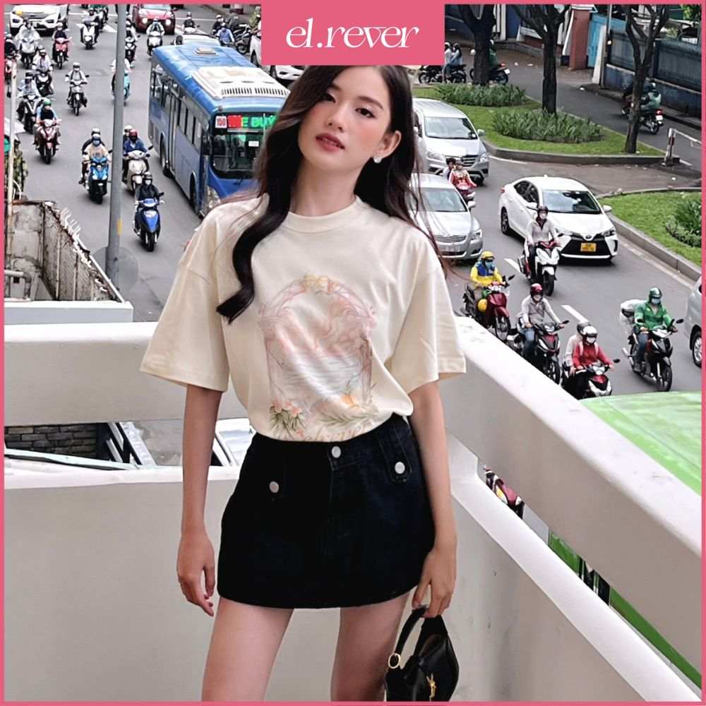 ELRÊVER - Áo thun nữ 100% cotton họa tiết cổng hoa - Màu kem - 0523T02