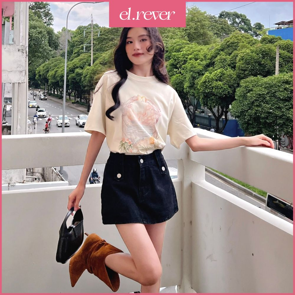 ELRÊVER - Áo thun nữ 100% cotton họa tiết cổng hoa - Màu kem - 0523T02