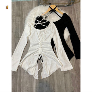 áo tay dài thun lụa rút dây giữa xẻ tà dây chéo cổ sexy