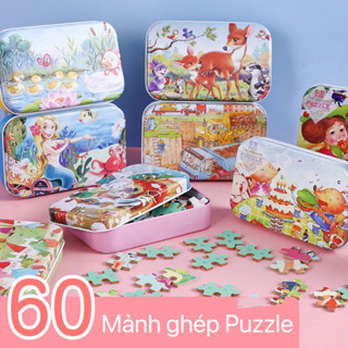 Đồ chơi bộ tranh xếp hình, lắp ghép 60 mảnh Puzzle có hộp thiếc cho bé