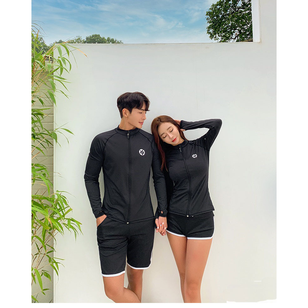 (Có sẵn) Đồ bơi đôi dài tay nam nữ có áo khoác ngôi sao đen phong cách Hàn Quốc, áo bơi kín, đồ bơi cao cấp chống nắng