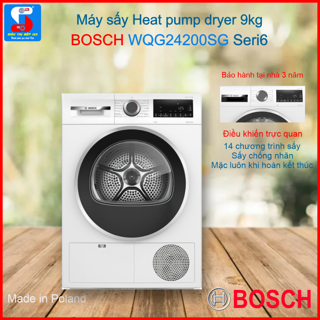 Máy sấy bơm nhiệt Bosch WQG24200SG 9 kg nhập khẩu Poland