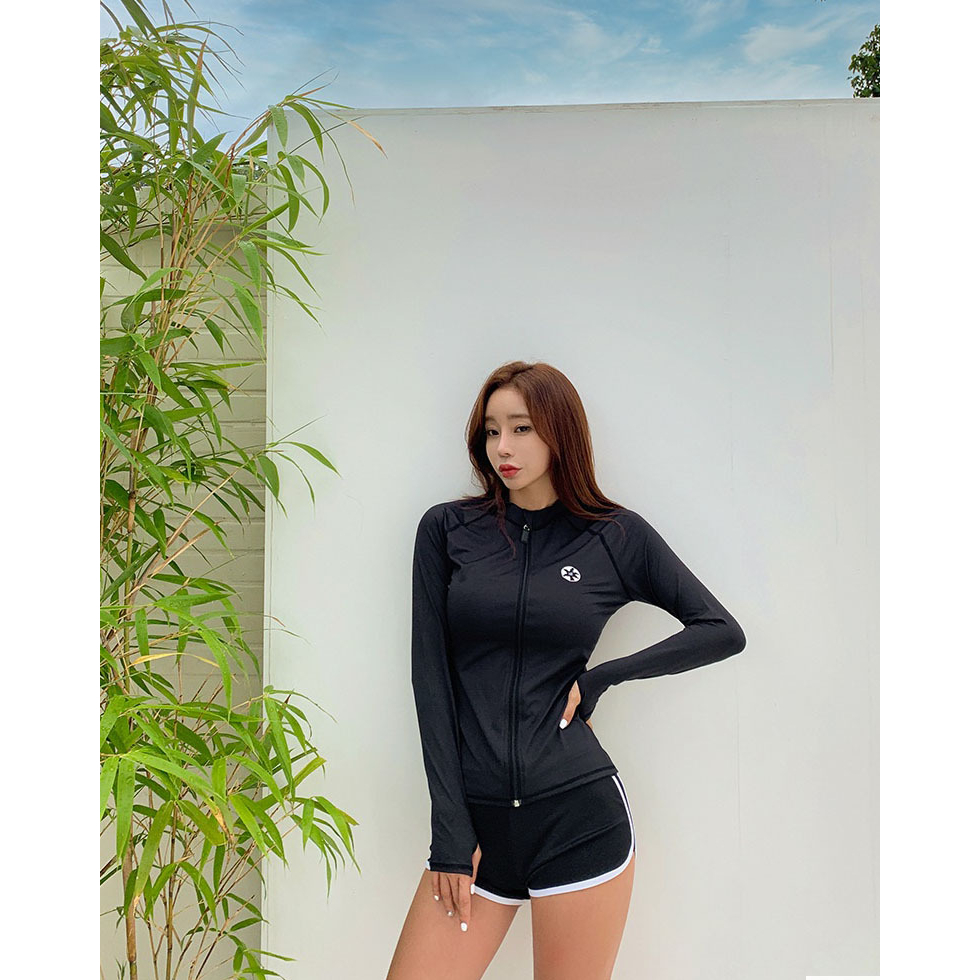 (Có sẵn) Đồ bơi đôi dài tay nam nữ có áo khoác ngôi sao đen phong cách Hàn Quốc, áo bơi kín, đồ bơi cao cấp chống nắng
