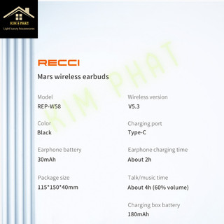 Tai Nghe Bluetooth RECCI W58 MARS WIRELESS EARBUDS