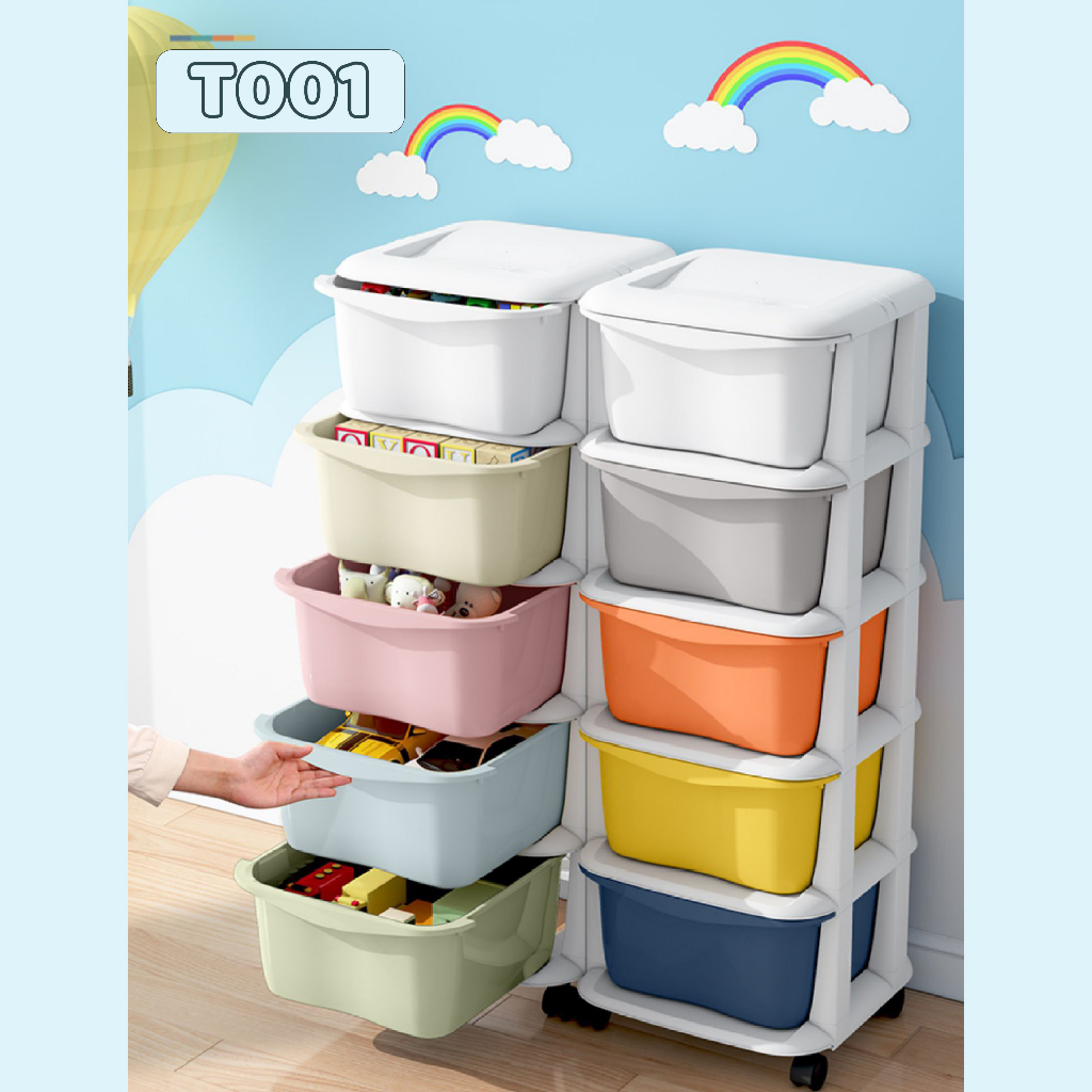 Tủ nhựa T001 3 tầng & 5 tầng đa sắc, kệ để đồ chơi, tủ quần áo nhựa có bánh xe dành cho bé