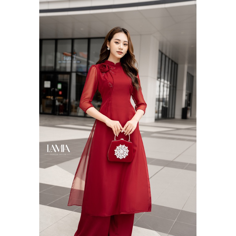 Áo dài cách tân, chất liệu Voan tơ sống 4 tà, gắn hoa ở ngực siêu xinh, dự tiệc, đám cưới - Áo dài Thị Mầu