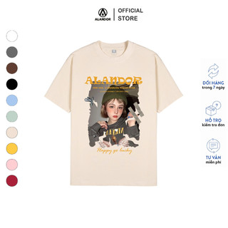 Áo phông nữ Alandor local brand chất liệu cotton 100% màu wash xám form rộng tay lỡ mẫu Happy Go Lucky