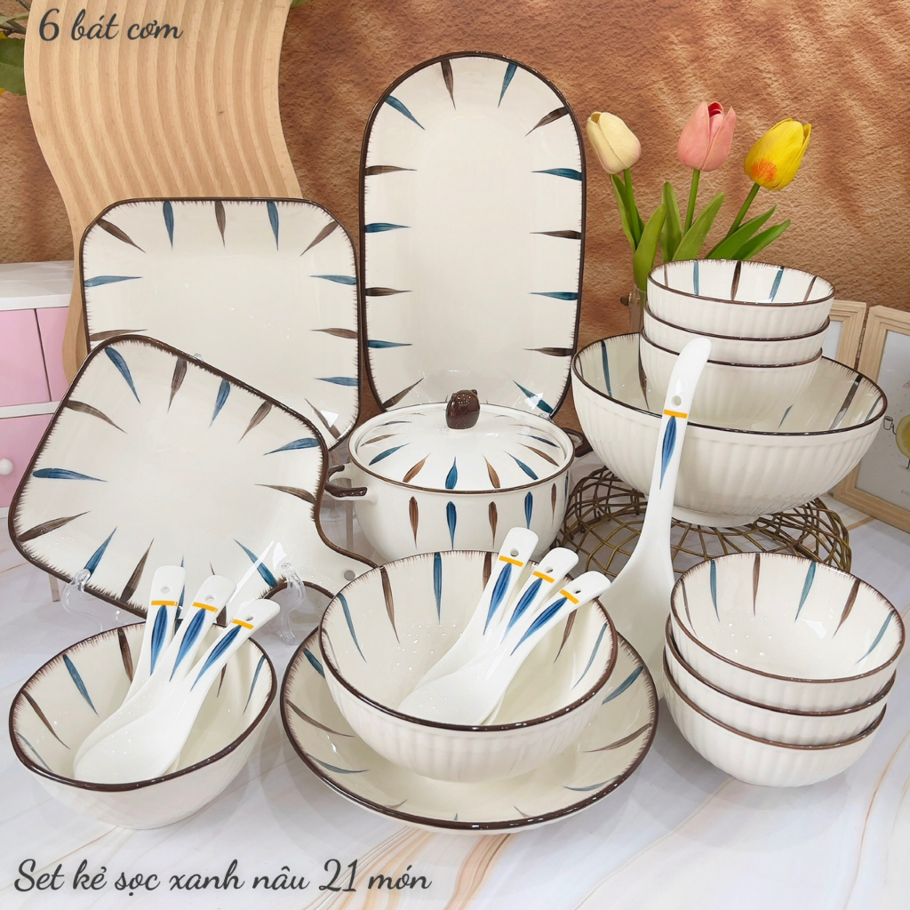 Bát đĩa decor, Chén ăn cơm, Chén dĩa dễ thương Sét bát đĩa hoạ tiết kẻ sọc xanh nâu