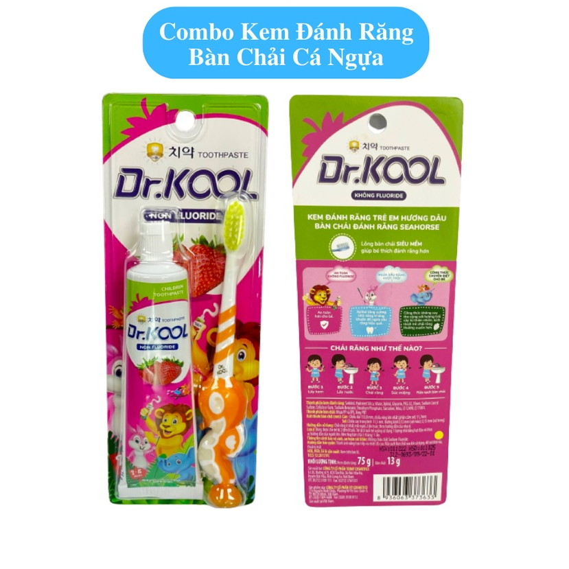 Combo Bàn chải cá ngựa + Kem đánh răng trẻ em Dr.Kool Kid hương trái cây thiên nhiên