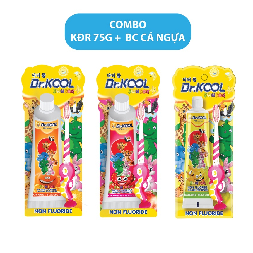Combo Bàn chải cá ngựa + Kem đánh răng trẻ em Dr.Kool Kid hương trái cây thiên nhiên